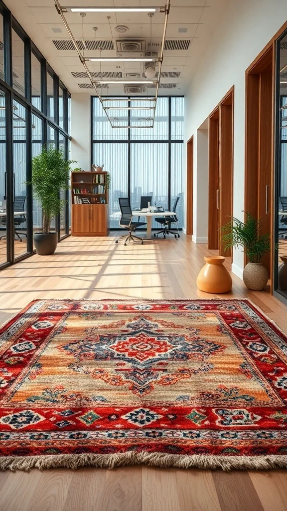 Layered Rugs for Cozy Fall Office Decor Vibrant patterned rug layered on wooden floor in office