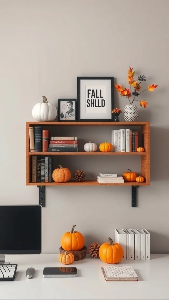 Decorative Wall Shelves for Cozy Fall Office Wall shelves decorated with pumpkins, books, and fall-themed prints