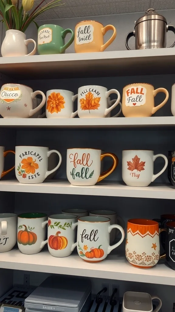 Charming Mug Displays for Cozy Fall Office Shelf with colorful fall-themed mugs featuring pumpkins and leaves