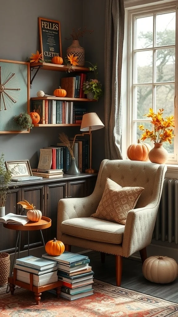 Cozy Book Nook Setup for Fall Office Comfortable chair with books, pumpkins, and fall decor