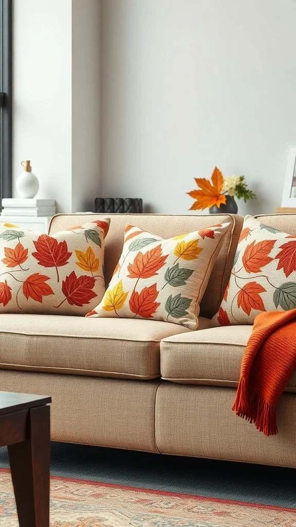 Seasonal Throw Pillows for Cozy Fall Office Couch with autumn leaf-themed throw pillows and warm blanket