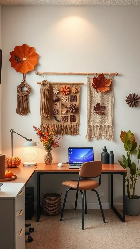 Textured Wall Hangings for Cozy Fall Office Office with woven wall hangings and autumn decorations
