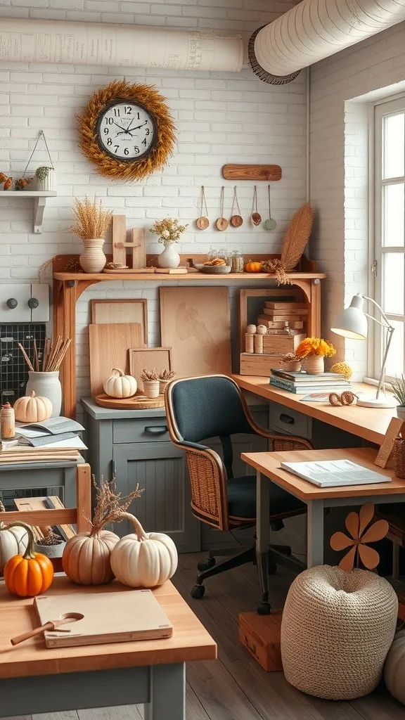 Crafty DIY Decor Projects for Cozy Fall Office Office with handmade pumpkins, wall clock, and natural decor
