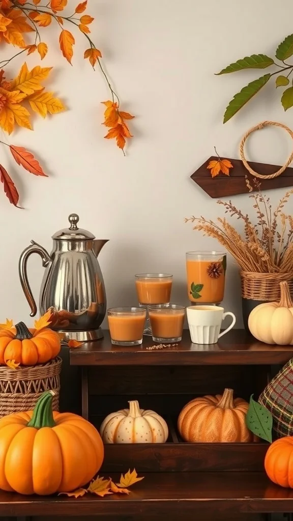 Warm Beverage Station for Cozy Fall Office Warm beverage station with coffee pot, spiced drinks, and pumpkins