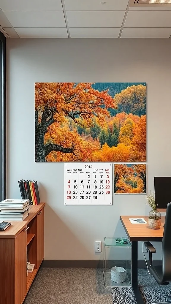 Fall-Themed Wall Calendars for Cozy Office Decor Office wall with fall-themed calendar and autumn tree artwork