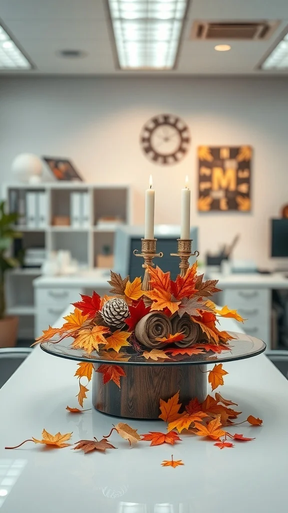 Seasonal Table Decor for Cozy Fall Office Office table decorated with autumn leaves, candles, and pinecones
