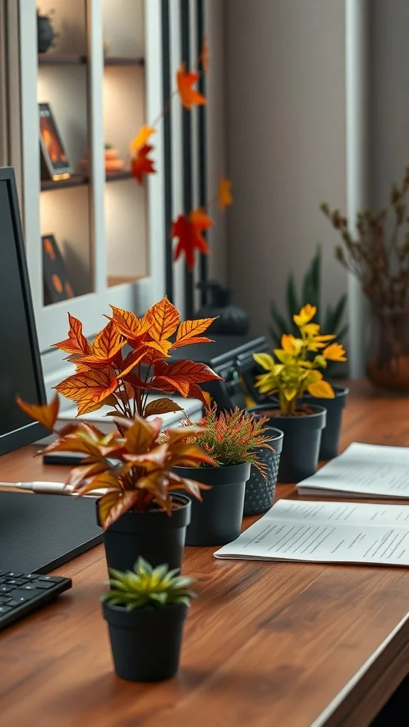 Autumn-Inspired Desk Plants for Cozy Office Office desk decorated with autumn-inspired potted plants