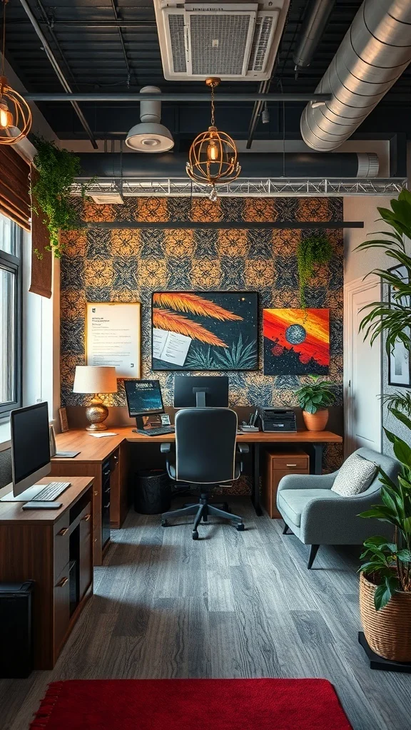 Incorporating Textures for Cozy Fall Office Decor Office with wooden furniture, gray chair, vibrant wall decor, plants, and soft rug