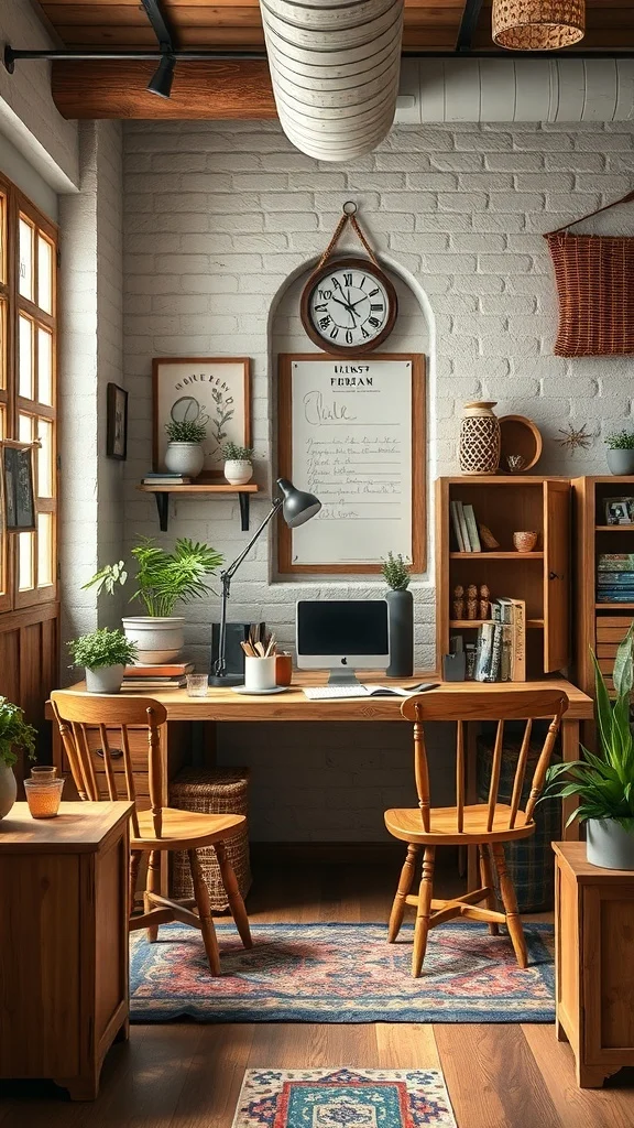 Rustic Wood Elements for Cozy Fall Office Office with rustic wood furniture, plants, and warm decor
