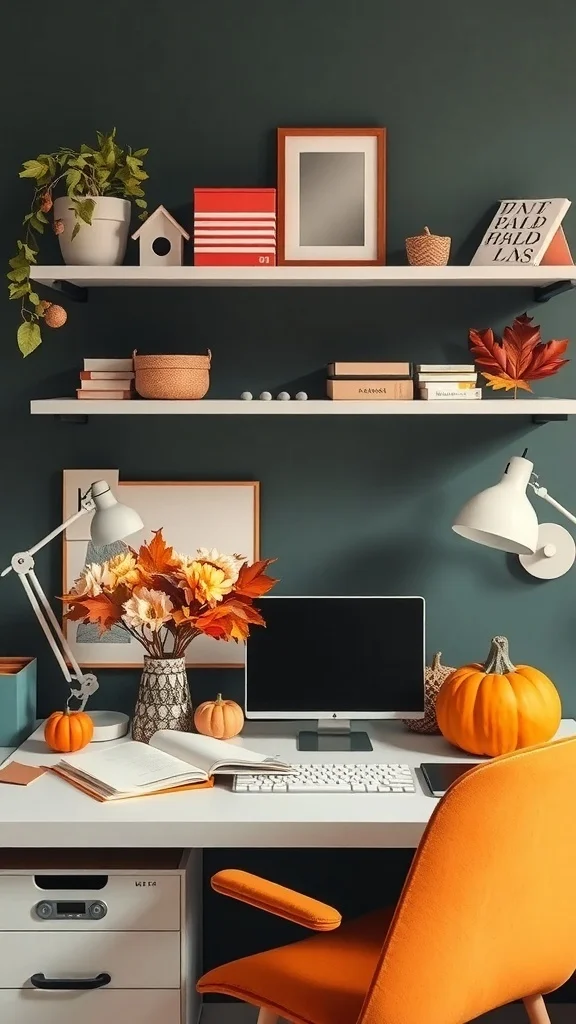 Autumn-Inspired Color Blocking for Cozy Office Office with deep green walls, orange chair, pumpkins, and warm decor