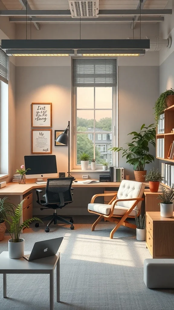 Cozy Office Layout Ideas for Fall Bright office layout with wooden desk, comfortable chair, plants, and natural light