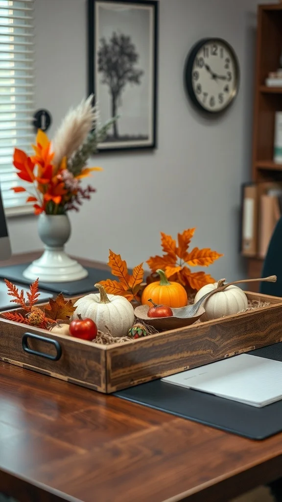 Seasonal Decorative Trays for Cozy Fall Office Wooden tray with pumpkins, apples, and autumn leaves on desk