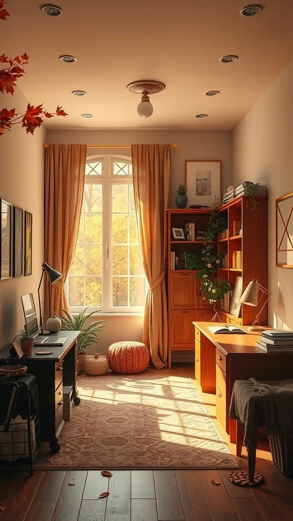 Autumn-Inspired Wall Colors for Cozy Office Office with warm wood furniture, soft lighting, and autumn decor