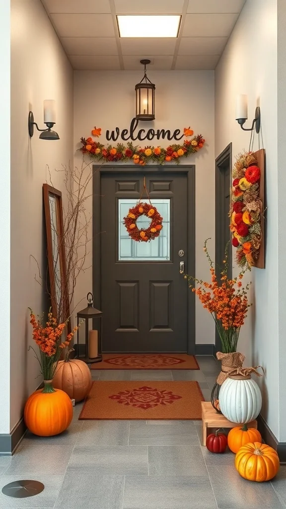 Inviting Entryway Decor for Cozy Fall Office Fall-themed entryway with pumpkins, flowers, and welcome sign