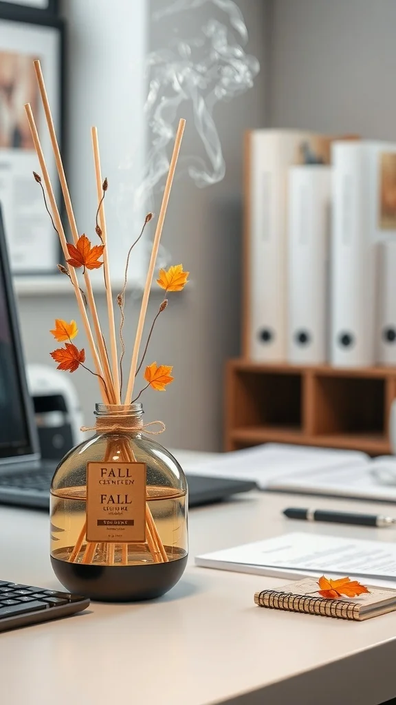 Seasonal Fragrance Diffusers for Cozy Fall Office Fragrance diffuser with wooden sticks and autumn leaves on desk