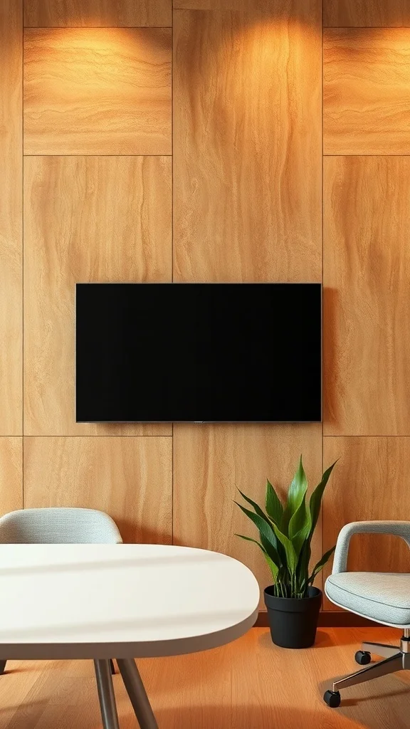 Warm Textured Wall Treatments for Cozy Fall Office Office with wooden wall panels, soft lighting, and plants