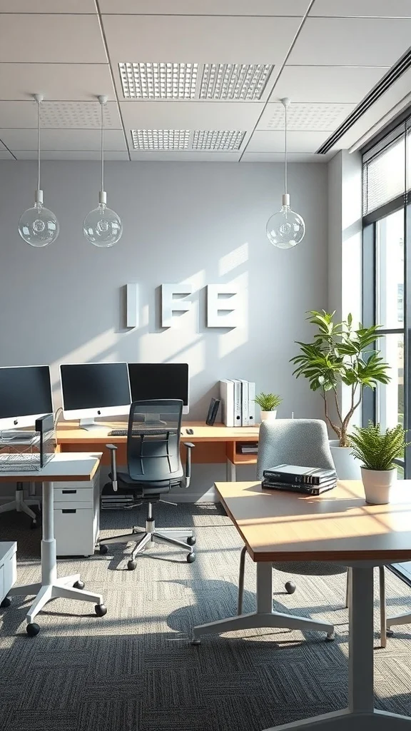 Cozy Office Soundscapes for Fall Bright office with modern furniture, plants, and large windows