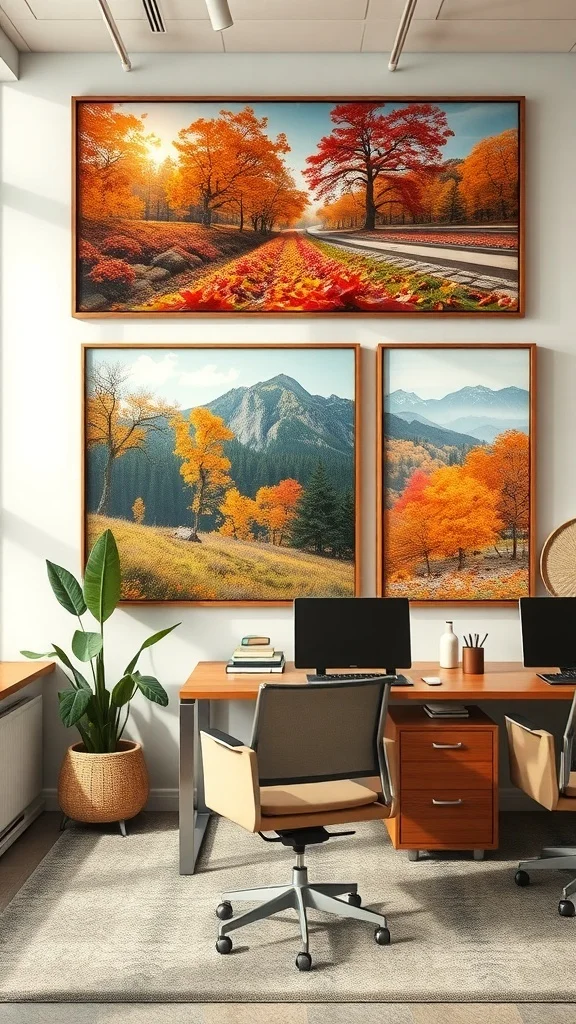 Warm Toned Artwork for Cozy Fall Office Warm-toned autumn landscape artwork in office