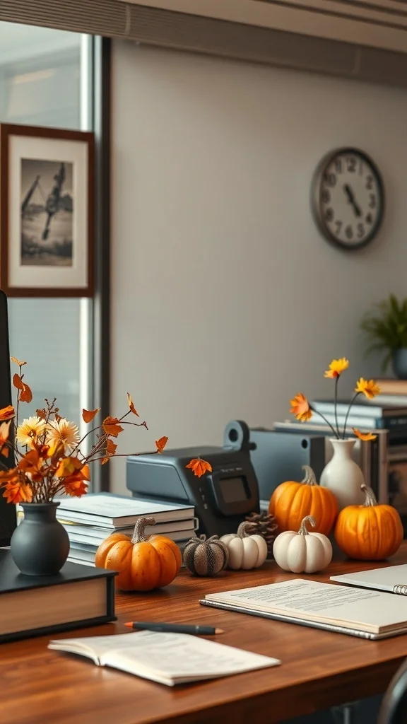 Personalized Fall Mementos for Cozy Office Desk decorated with pumpkins, flowers, and personal fall mementos