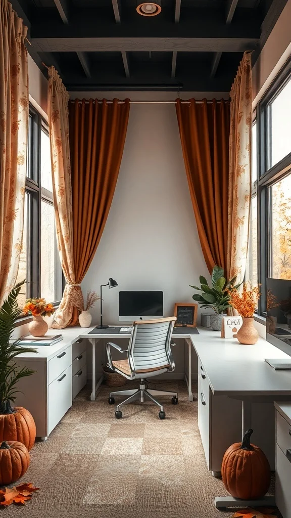Creative Use of Autumn Fabrics for Cozy Office Office with warm curtains, pumpkins, and plants