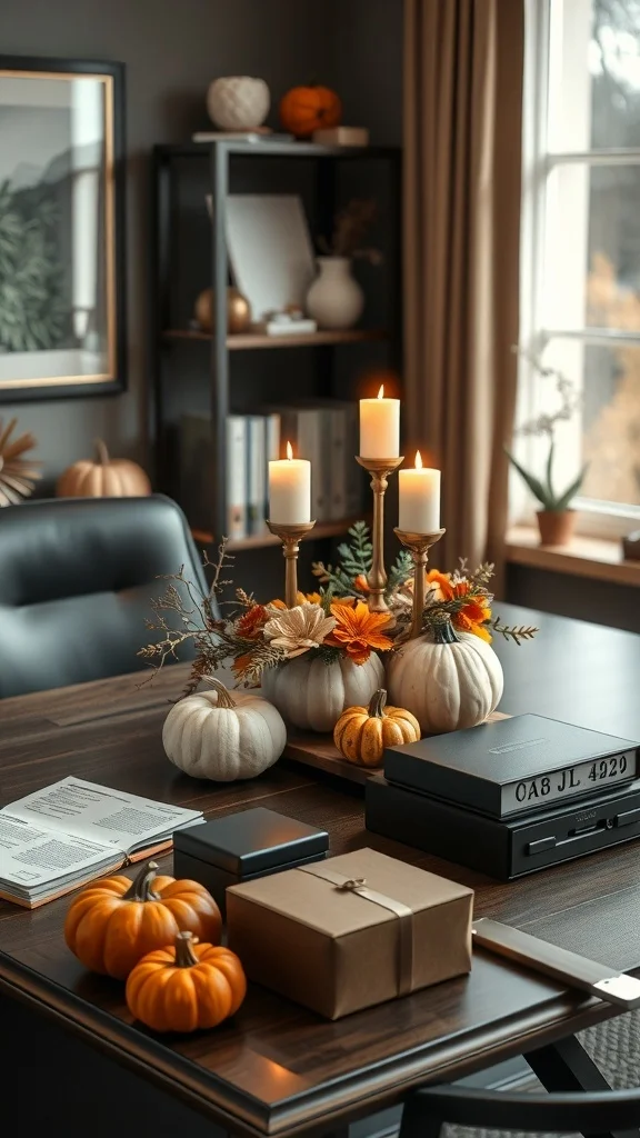 Seasonal Centerpieces and Candles for Cozy Fall Office Desk centerpiece with white pumpkins, candles, and autumn flowers