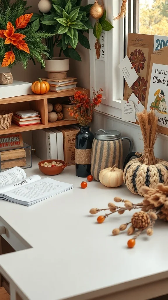 Seasonal Desk Organization for Cozy Fall Office Organized desk with pumpkins, autumn leaves, and books