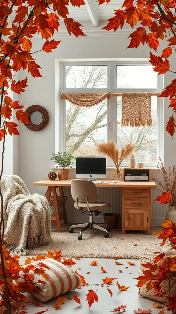 Warm Textures and Earthy Tones for Cozy Fall Office Office with wooden desk, cozy chair, throw blanket, and autumn leaves