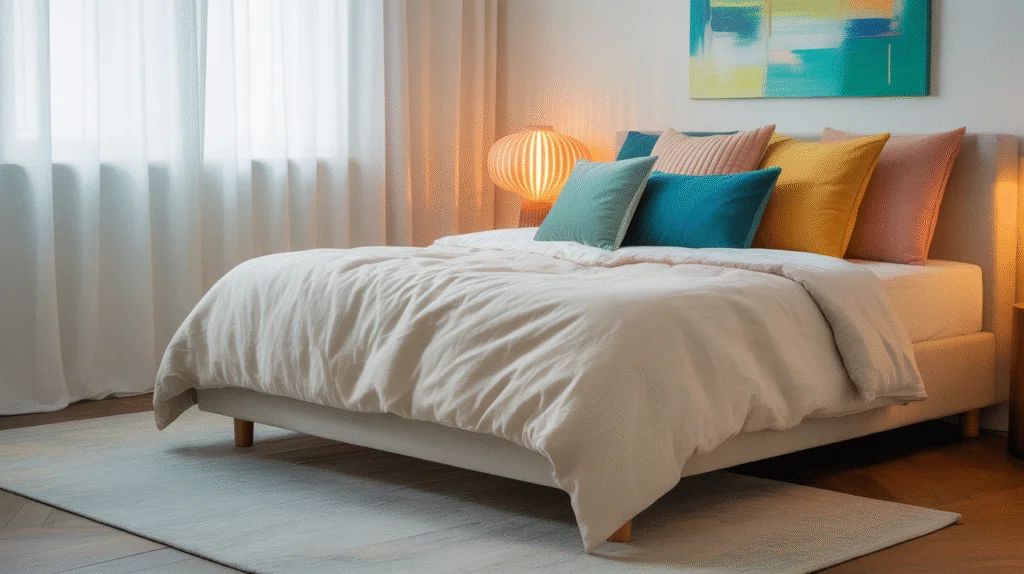 Vibrant Accents in Grey Bedroom