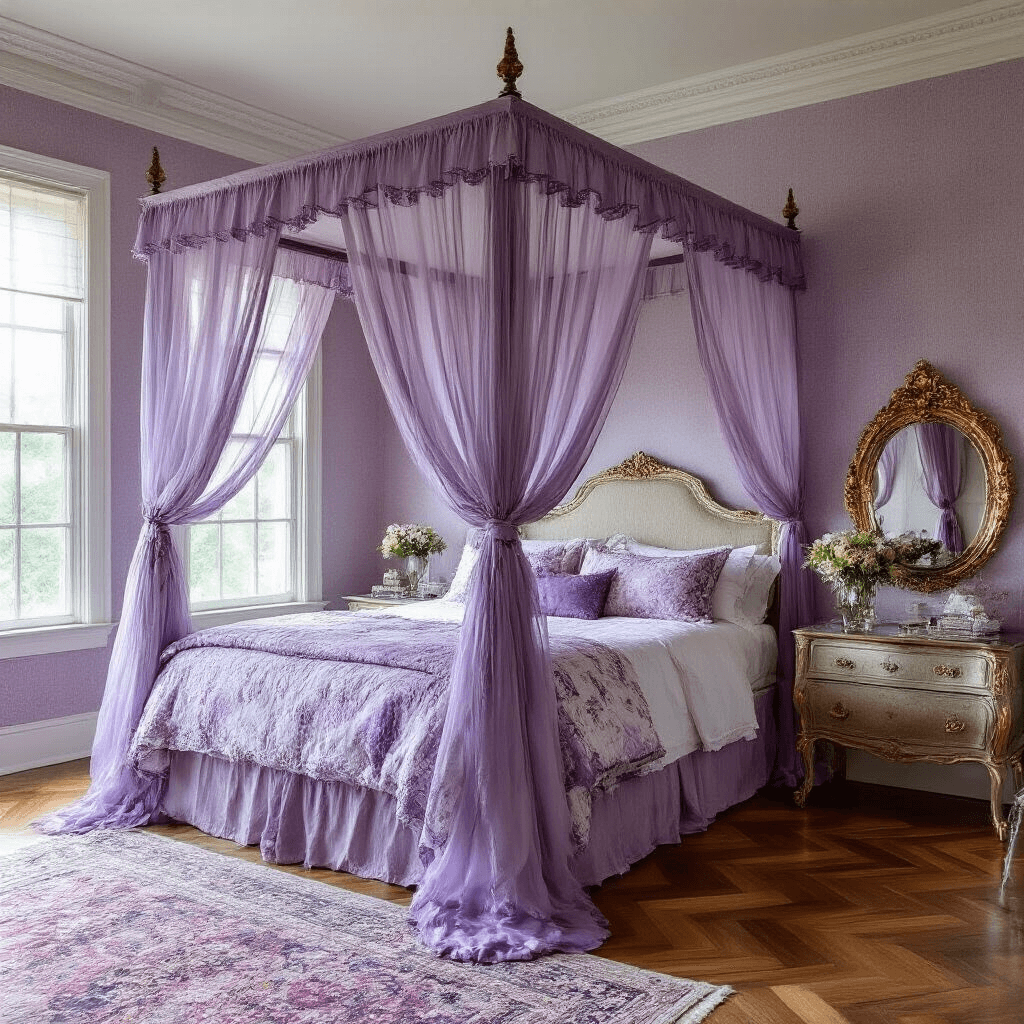 Purple Bedroom Ideas: A Royal Guide to Transforming Your Sleep Sanctuary Victorian-style bedroom with lilac wallpaper, four-poster bed with purple canopy, vintage bedding, crystal vanity, and oriental rugs