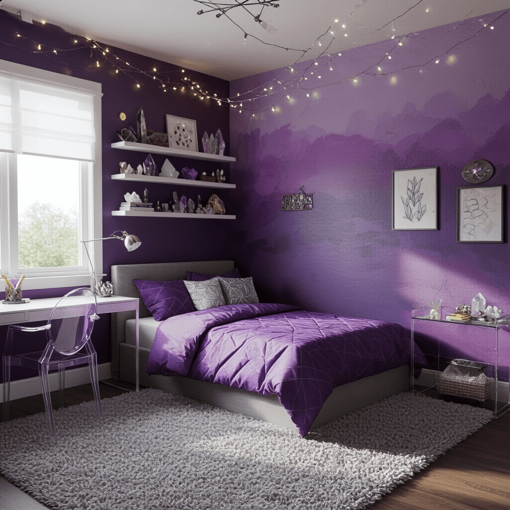 Purple Bedroom Ideas: A Royal Guide to Transforming Your Sleep Sanctuary Teen bedroom with purple ombre wall, geometric bedding, floating shelves with crystals and art, gray shag carpet, and string lights