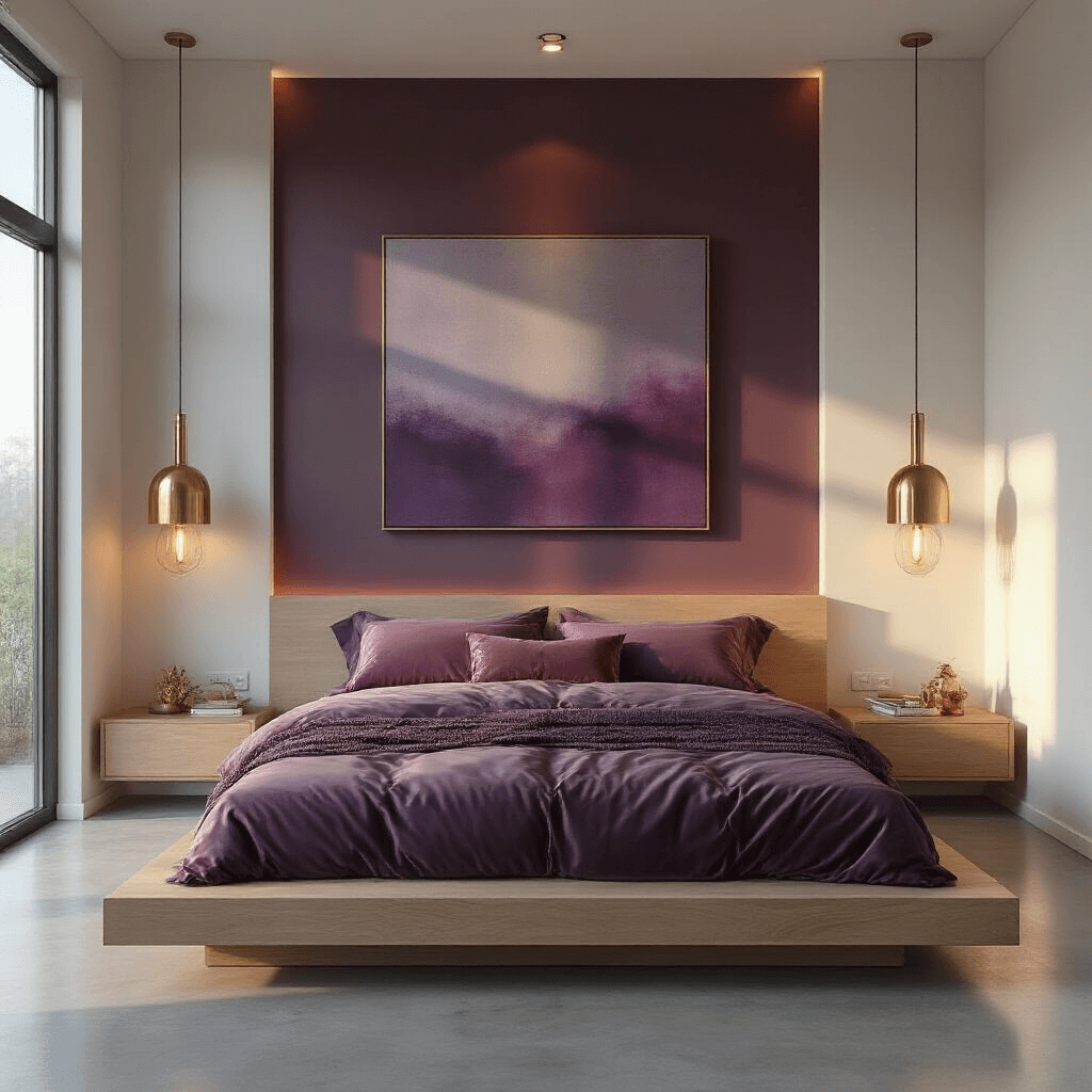 Purple Bedroom Ideas: A Royal Guide to Transforming Your Sleep Sanctuary Minimalist bedroom with aubergine wall, bleached oak platform bed, mauve silk and velvet bedding, abstract art, and polished concrete floors