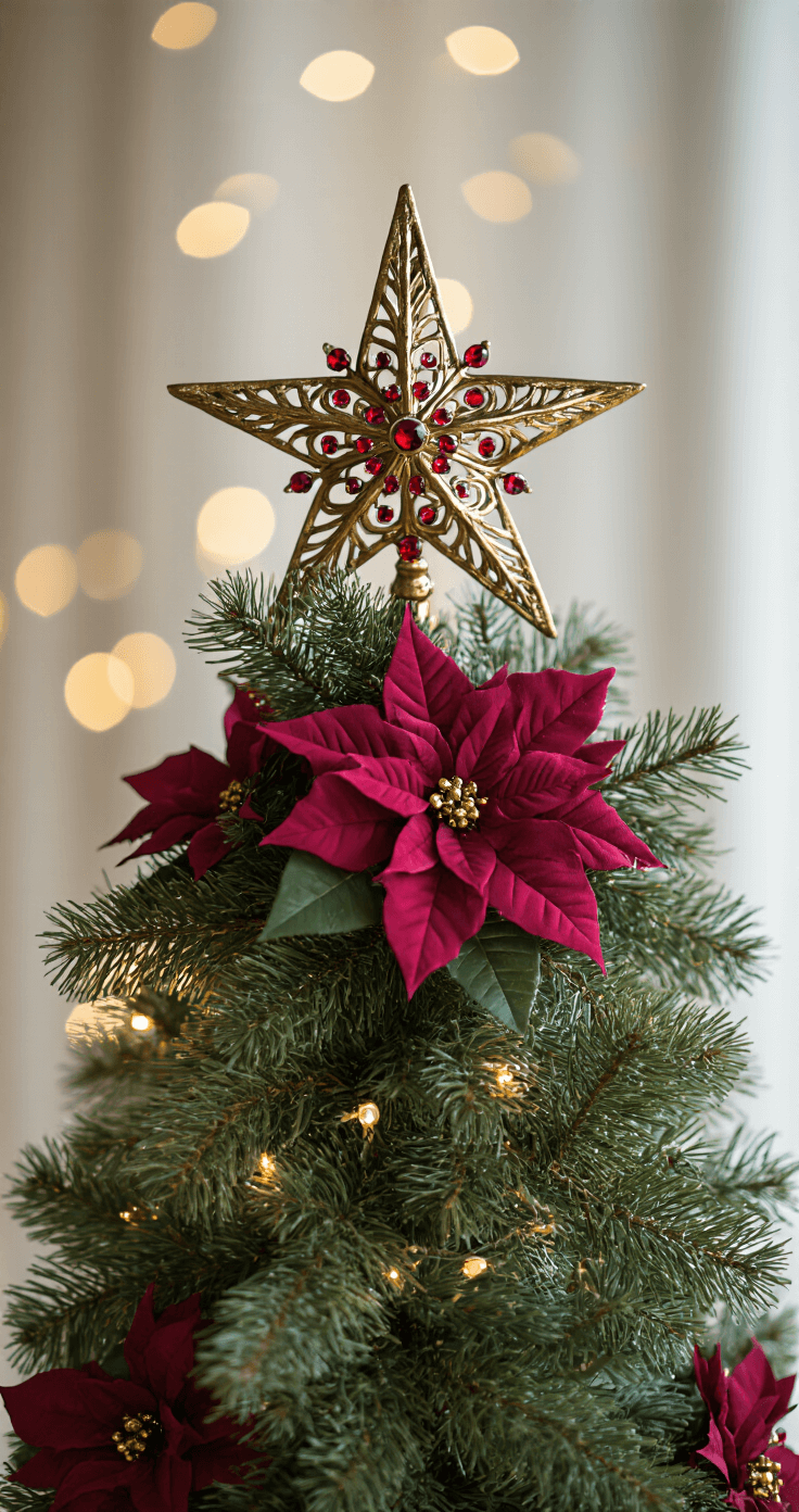 Close-up of a handcrafted 14-inch antiqued gold star tree topper adorned with ruby red crystals, surrounded by preserved cedar and burgundy silk poinsettias, with a dreamy bokeh of tree lights below.