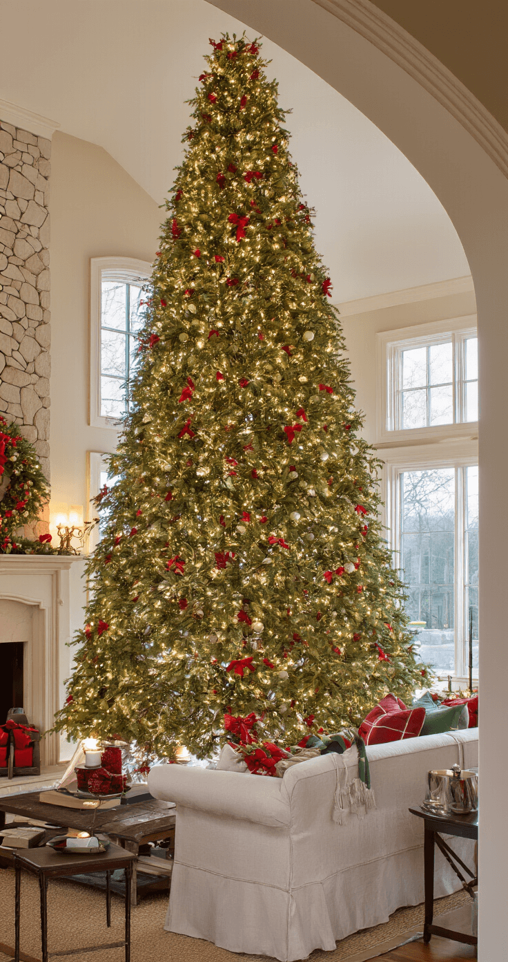 Wide-angle shot of a formal living room with a 7.5-foot Christmas tree lit with warm lights, decorated in classic red and green, complemented by matching wreaths and coordinated pillows on a cream sofa, bathed in early evening light.
