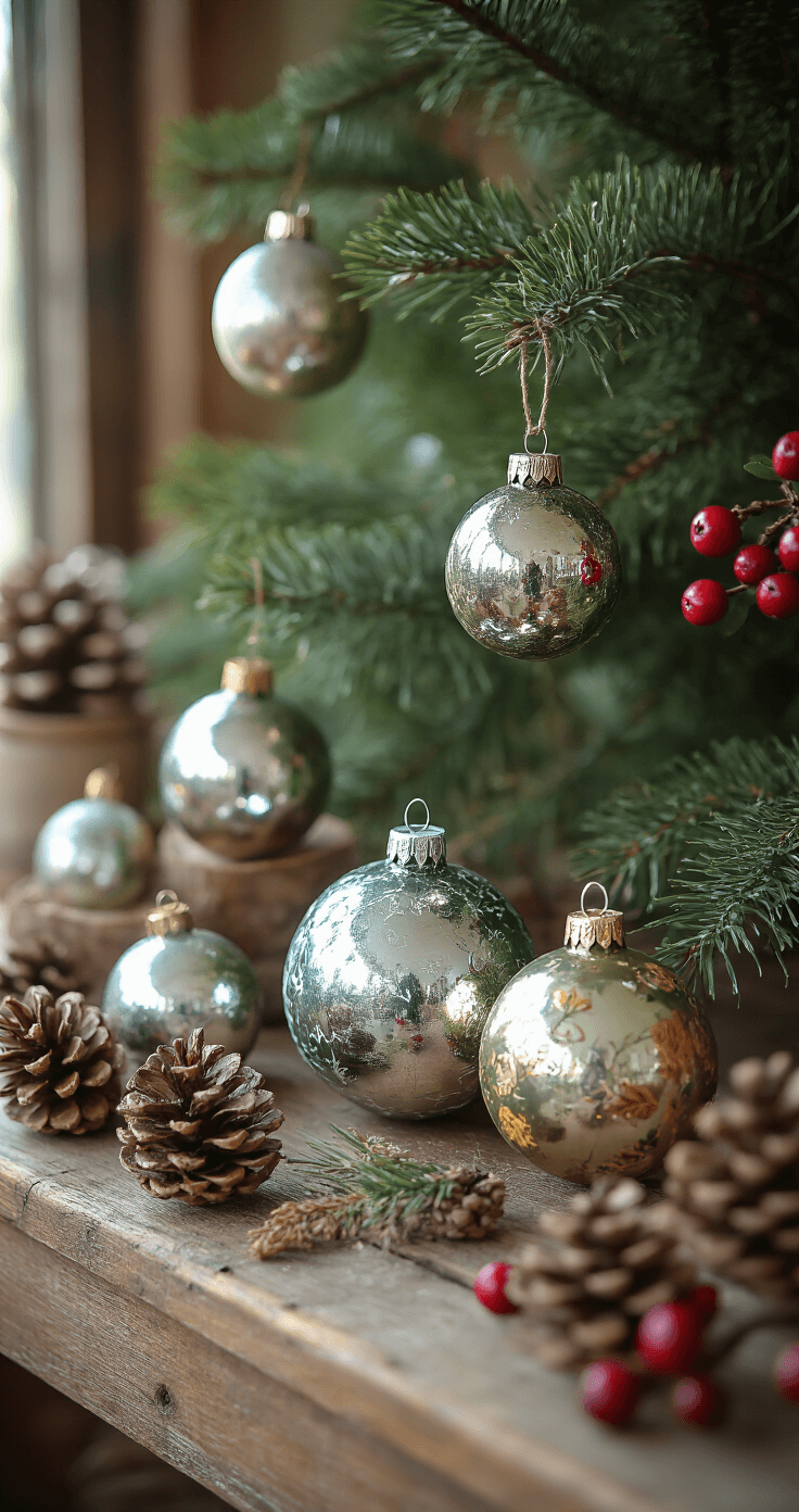 A cozy crafting scene beside a decorated Christmas tree, featuring vintage mercury glass ornaments in various stages of hand-painting on a rustic wooden workbench, with natural materials like pine cones and berry sprigs ready for use, bathed in soft morning light.