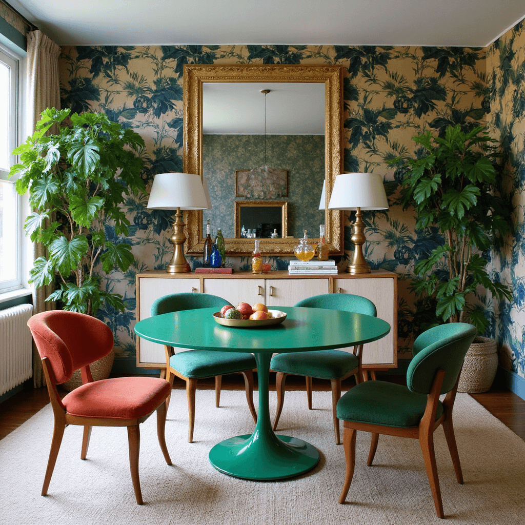 A lively dining area featuring an emerald green tulip table surrounded by vintage jewel-toned chairs. Natural light brightens a mirrored sideboard and tropical-print wallpaper. Brass lamps, colored glass decanters, and trailing plants add vibrant accents, creating a rich, colorful atmosphere.