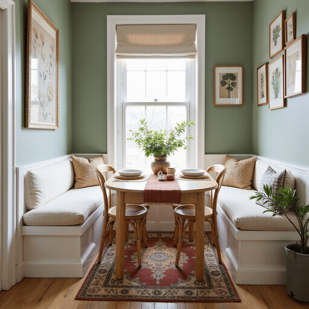 A charming dining nook featuring a space-efficient oval bleached oak table, paired with a built-in window bench upholstered in cream bouclé fabric and two rattan chairs. Morning light streams through roman blinds, illuminating sage green walls adorned with brass-framed botanical prints. A vintage Persian runner and woven placemats complete the look, with a ceramic vase filled with eucalyptus adding a natural touch.