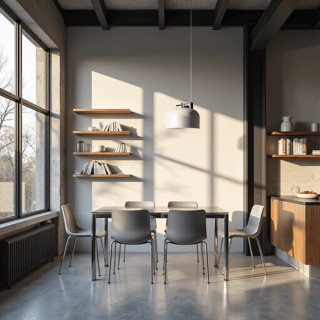 Overhead view of a sleek 8x10ft dining area featuring a glass extendable table with chrome accents, surrounded by soft gray stackable chairs. Geometric shadows from steel-framed windows add visual interest. Floating walnut shelves hold white ceramics and cookbooks, illuminated by a minimalist white pendant light. Concrete-look tiles and a matte black structural column contribute to an industrial vibe, complemented by diffused overhead lighting.