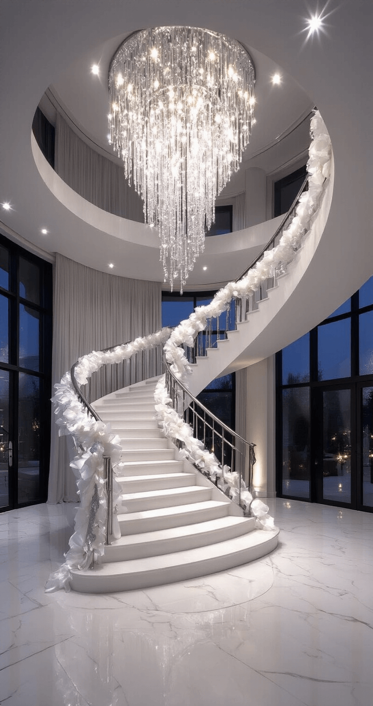 Sophisticated Holiday Entryway Decor Dramatic entryway with a sweeping spiral staircase adorned with white garland and silver ribbon, illuminated by a modern crystal chandelier under an 18-foot ceiling, reflecting on white marble floors in an evening setting.