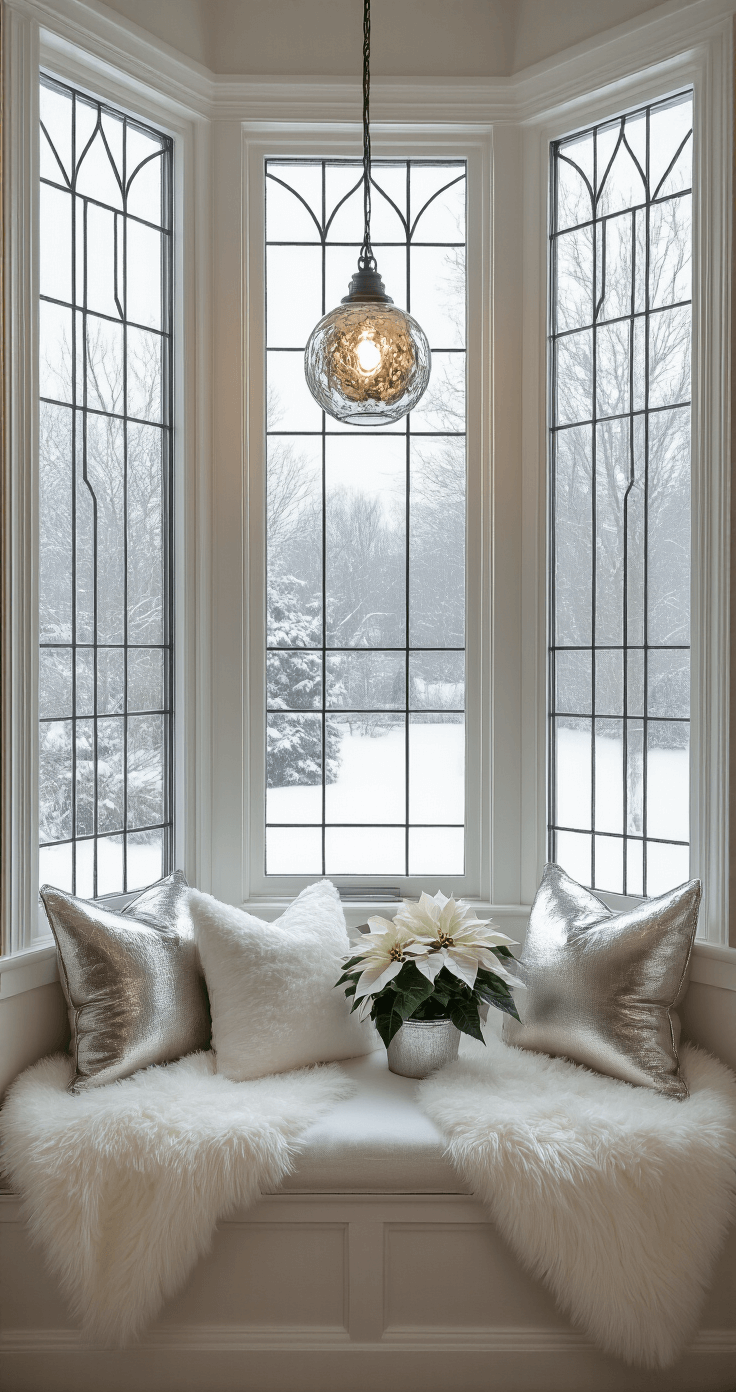 Budget-Friendly White and Silver Holiday Decor Cozy window seat nook with built-in storage, featuring white faux fur throws, metallic pillows, and potted white poinsettias, framed by falling snow outside leaded glass windows, illuminated by a hanging mercury glass pendant light.