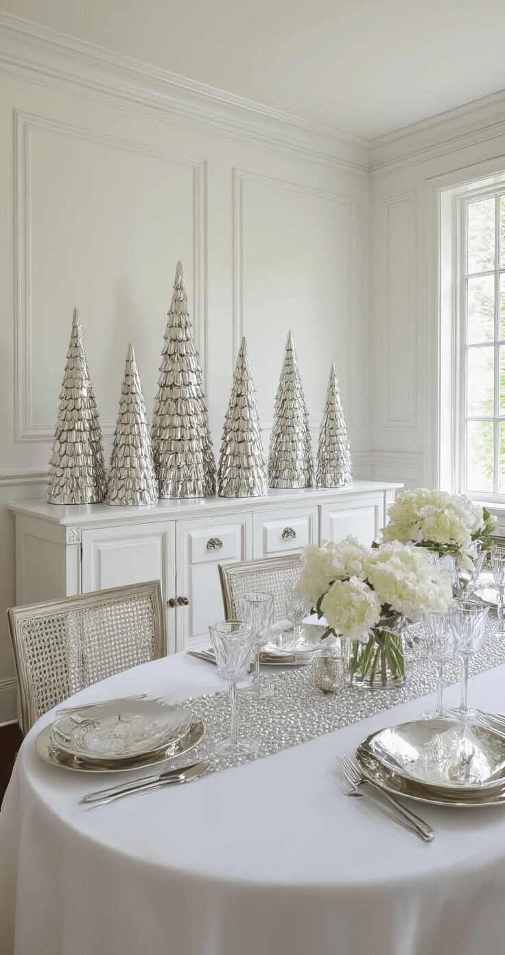 Elegant White and Silver Holiday Accents Bright and airy dining room corner with wainscoting and crown molding, featuring floor-to-ceiling windows letting in morning light. A white lacquered sideboard displays mercury glass trees of varying heights, while a table draped in a white silk tablecloth showcases metallic chargers and crystal champagne glasses, all captured from a wide-angle perspective at chest height.