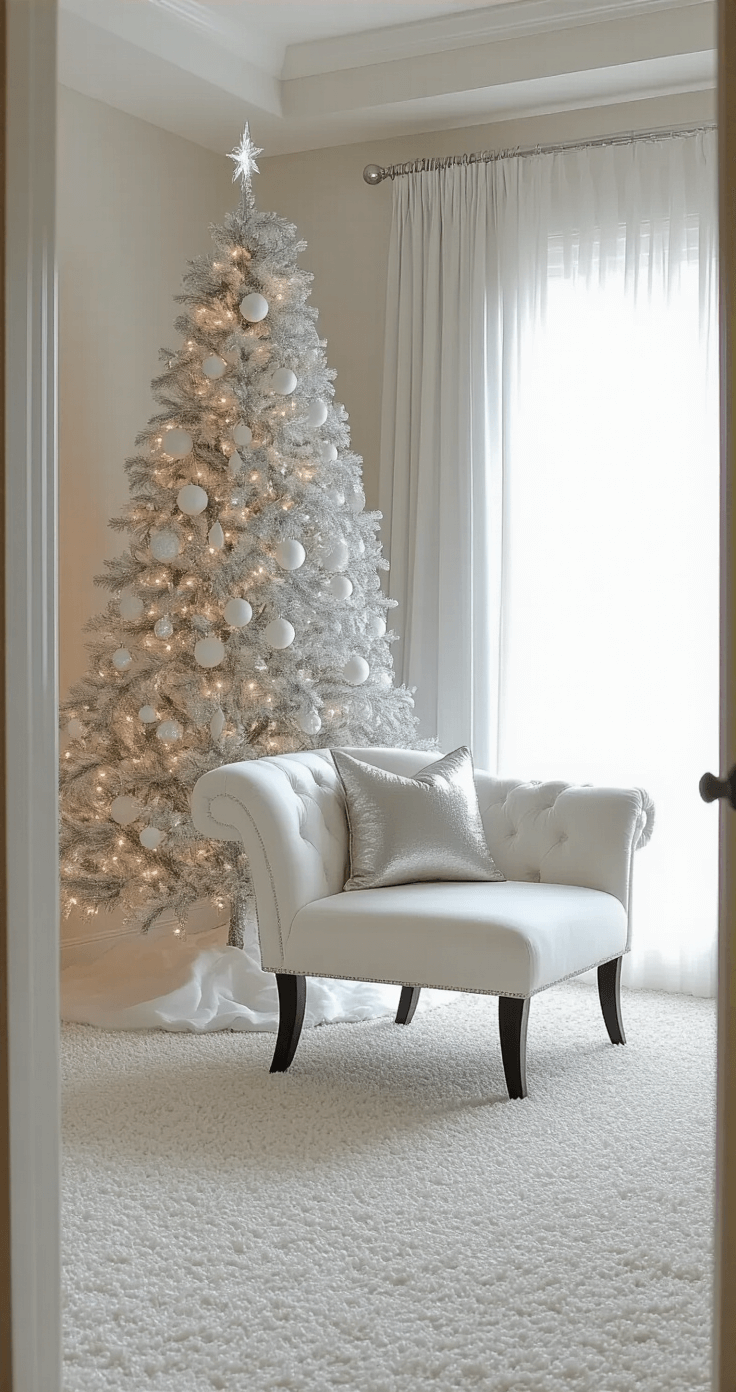 Balanced White and Silver Christmas Tree Design A serene master bedroom sitting area featuring a white upholstered chaise with metallic throw pillows, a 7-foot slim flocked Christmas tree adorned with white and crystal ornaments, and a plush white carpet with metallic thread, all illuminated by dawn light filtering through sheer silvery drapes, captured from the doorway.