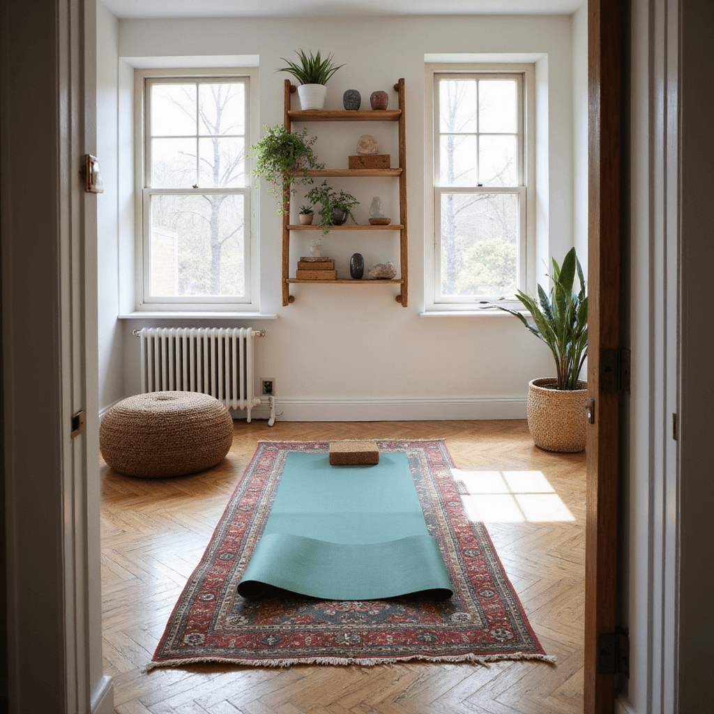 Cozy guest room with jade-green yoga mat, cork blocks, cotton props in woven basket, and wall-mounted ladder shelf with crystals and air plants