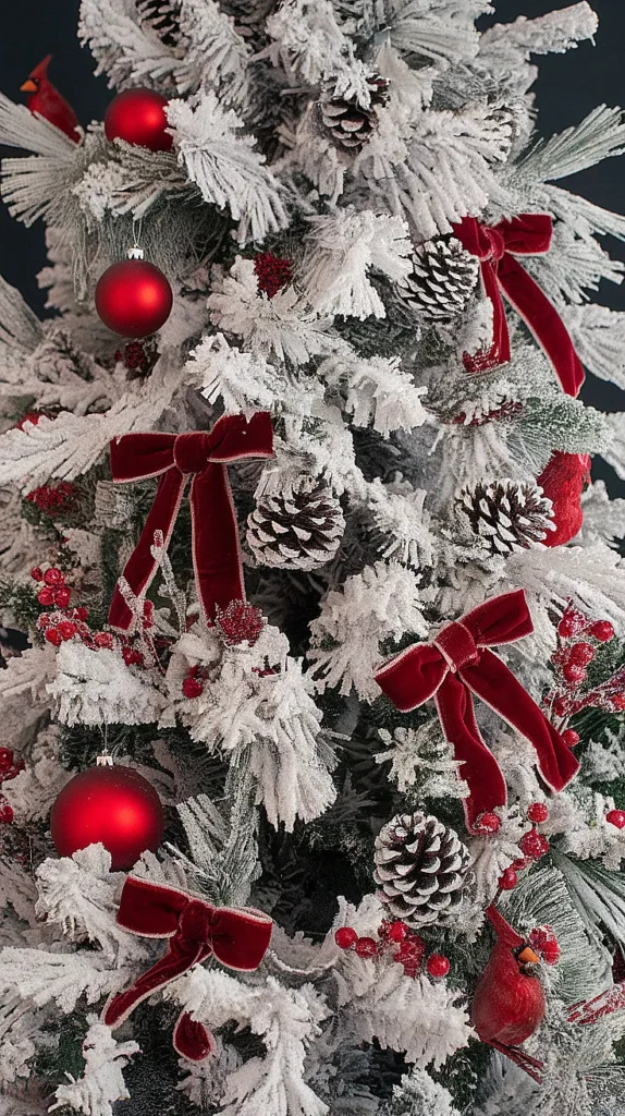 Snowy Flocked Christmas Tree with Red Decorations