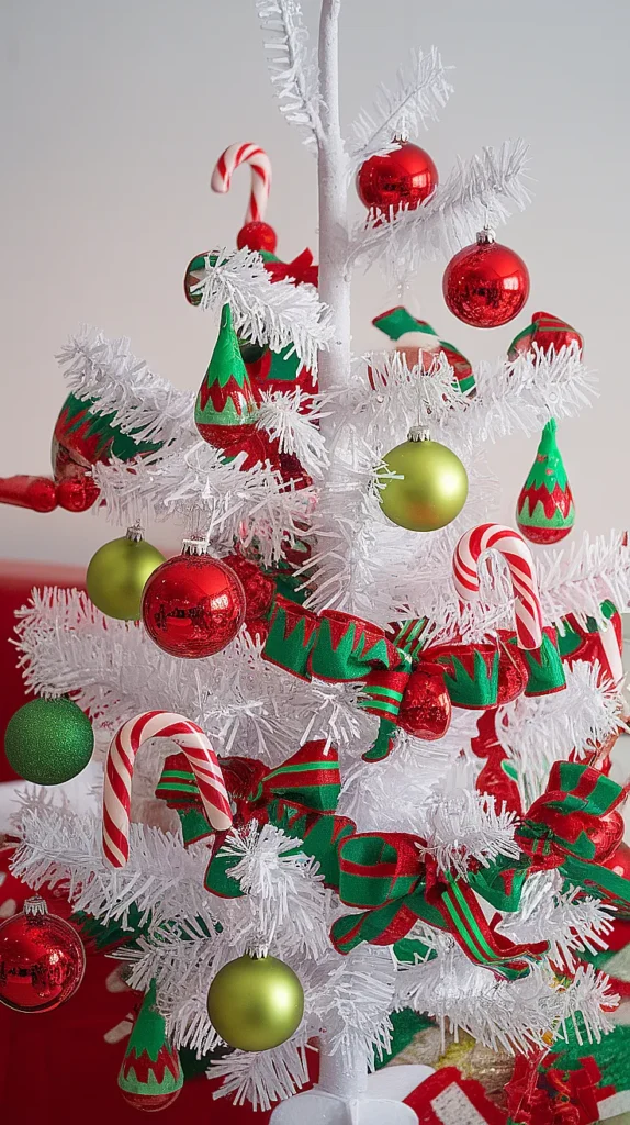 White Christmas Tree with Red and Green Ornaments