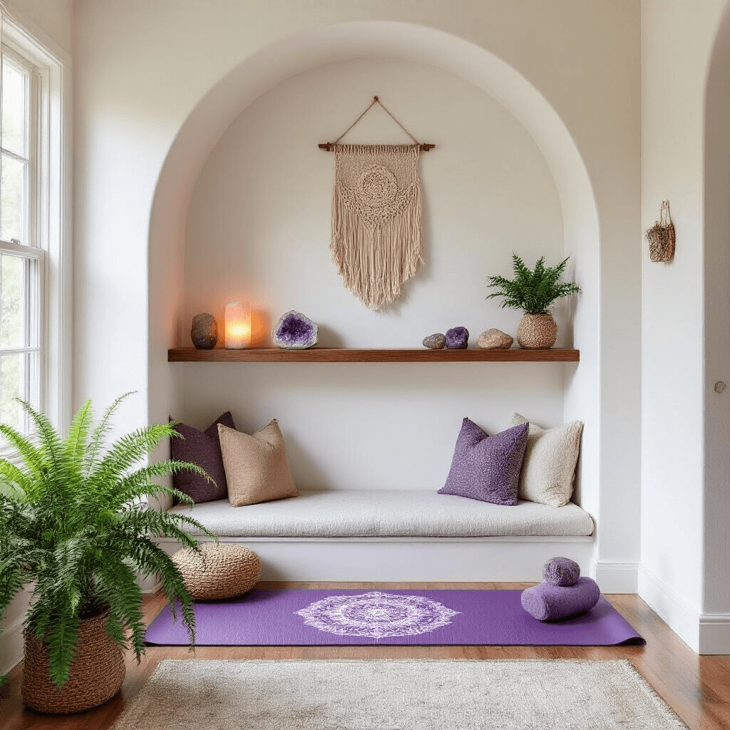 Cozy living room yoga nook with an archway, purple mandala yoga mat, cork blocks, macramé wall art, morning sunlight, and a Boston fern in the corner.