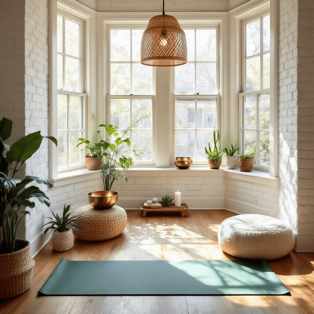 Sunlit yoga corner with bay window, whitewashed brick wall, warm wood floor, emerald green yoga mat, rattan pendant lamp, brass singing bowl, candles, and Moroccan pouf.