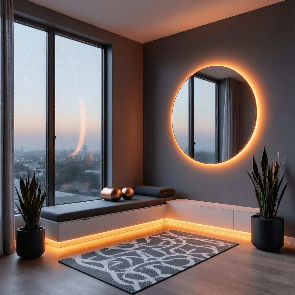 Modern minimalist home office yoga area with floor-to-ceiling windows, ambient LED lighting, charcoal accent wall, oversized mirror, copper yoga props, white oak bench, geometric yoga mat, and snake plant in black planter.