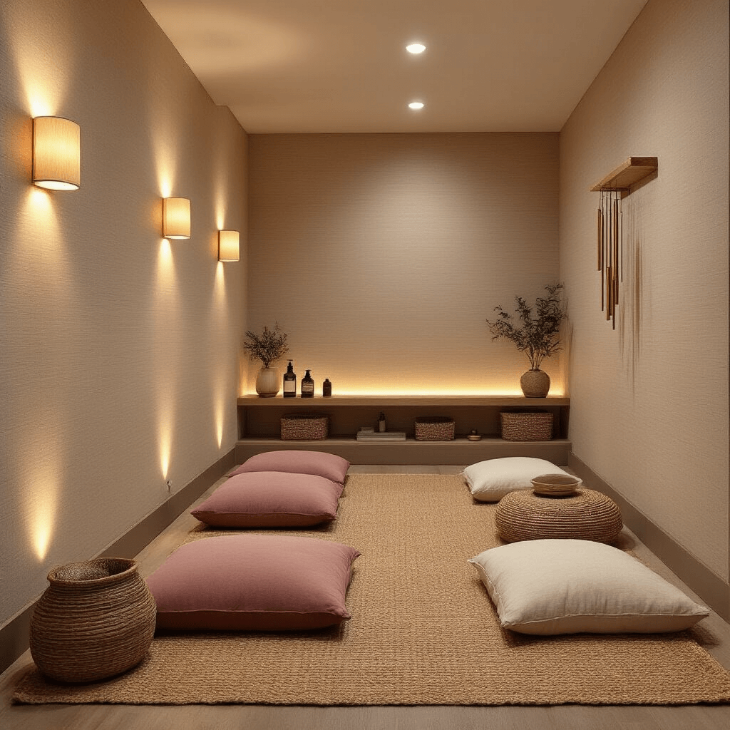 Calm meditation area with beige textured wallpaper, soft uplighting, dusty rose and ivory cushions on jute rug, wooden shelf with essential oils, set in twilight ambiance.