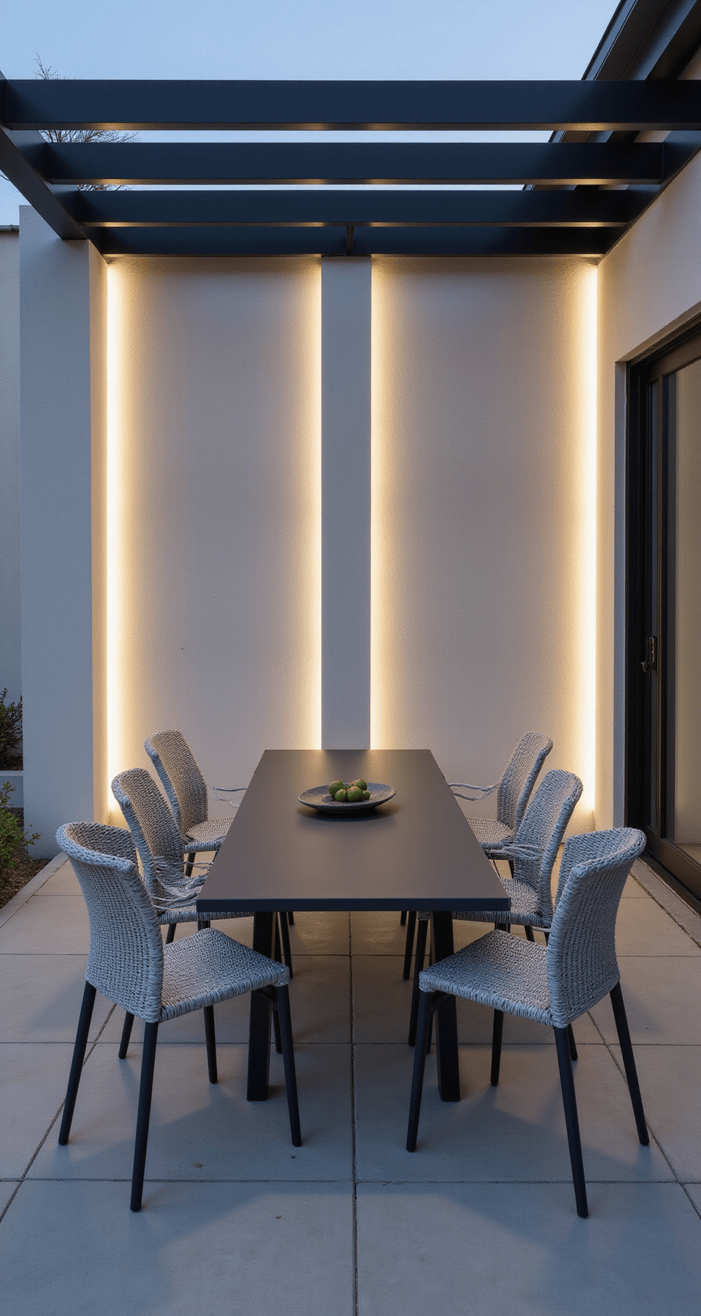 Cozy outdoor dining area with a modern 6-seat aluminum table topped with glass, surrounded by light grey woven chairs under a pergola casting soft shadows, complemented by a stucco wall with integrated LED lighting creating an elegant ambiance at dusk.