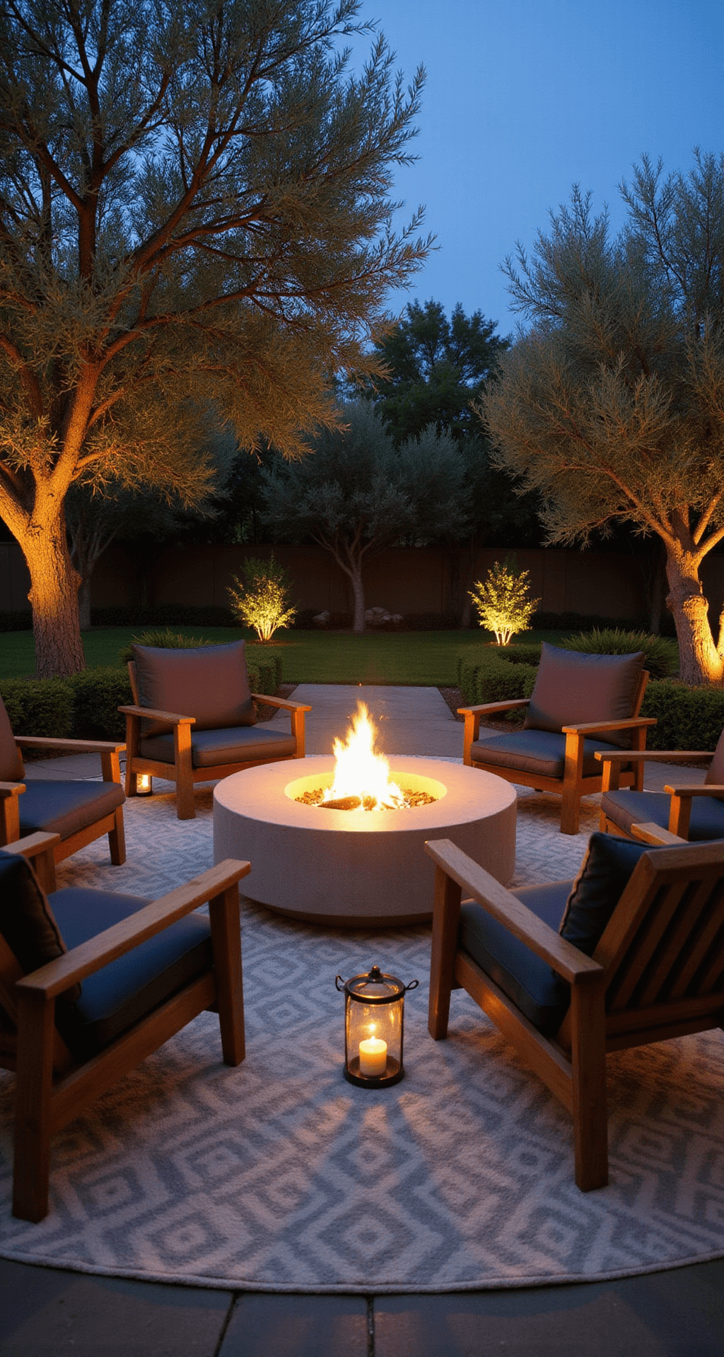 Evening fire pit lounge featuring a modern concrete fire pit surrounded by teak chairs with charcoal cushions, set on a geometric ivory and grey rug, illuminated by copper lanterns and subtle uplighting on olive trees, creating a cozy ambiance.